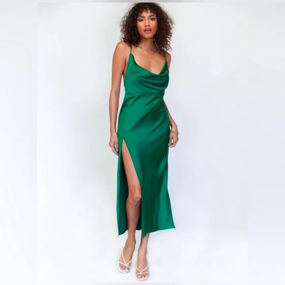 Lioness | Dresses | Lioness Dress Green Satin Walk The Line Side Split Slip Midi  Dress Size Medium | Poshmark